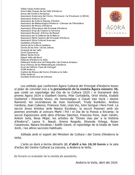 Presentació de la REVISTA ÀGORA  NUM 38 | Llibreria La Puça | Llibreria online d'Arsèguel - Comprar llibres en català online - Llibres Andorra i Pirineu